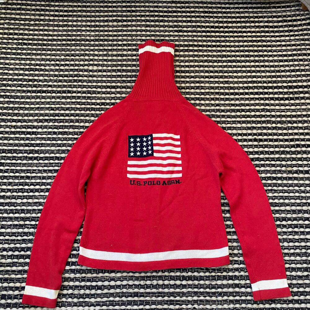 🌿US Polo Association Womens Vintage Red Turtle Neck Zip Up Sweater Jacket L